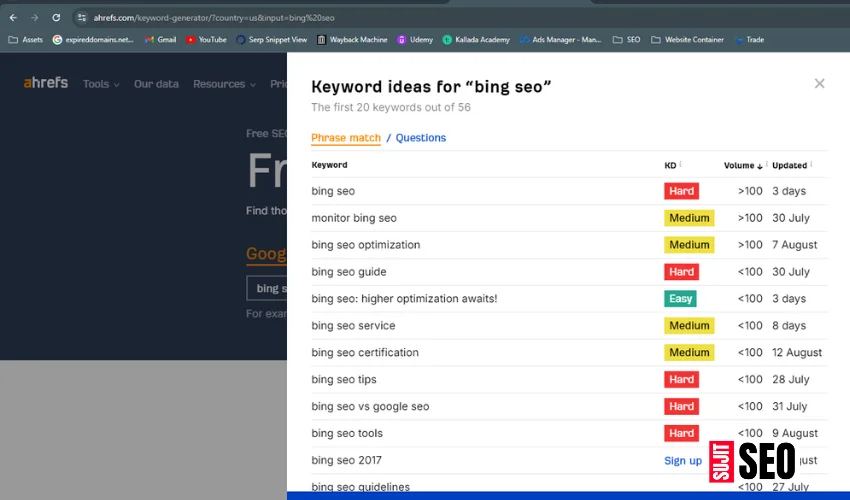 Ahrefs keyword research for Bing SEO